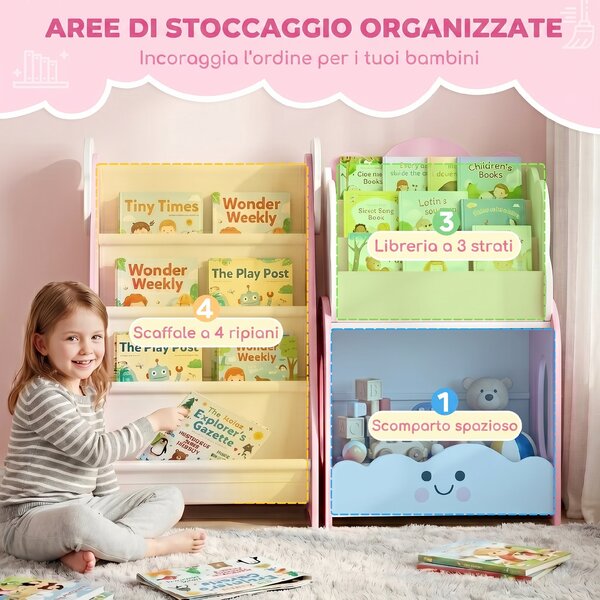 AIYAPLAY Libreria Bambini 3-in-1 con 4 Scomparti e 3 Ripiani, Comodino per Cameretta, Rosa | Aosom Italy