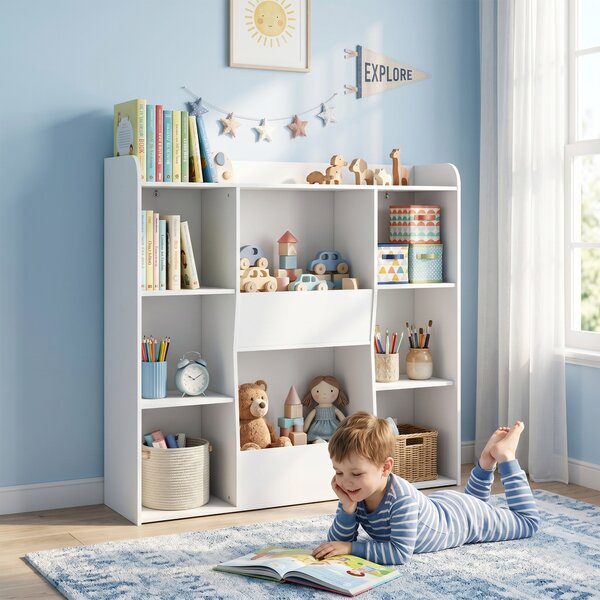 AIYAPLAY Mobile Contenitore per Bambini, Libreria per Bambini con 8 Scomparti e Ripiano Superiore, 104x29x101,5 cm, Bianco | Aosom Italy