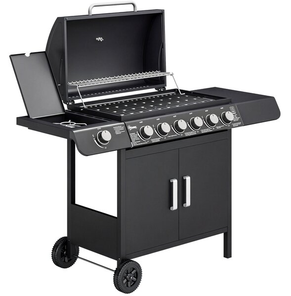Outsunny Barbecue a Gas con Coperchio, 7 Bruciatori da 20kW, Fornello Laterale e 2 Ruote, 135x50x100 cm, Nero | Aosom Italy