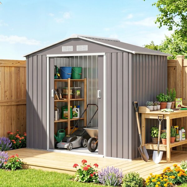 Outsunny Casetta da Giardino con Porte Scorrevoli in Lamiera, Capanno Attrezzi in Acciaio, 213x130x185 cm, Grigio | Aosom Italy