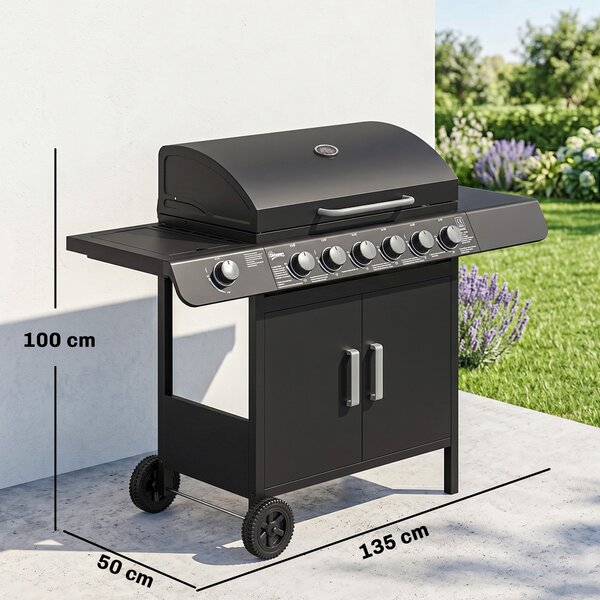 Outsunny Barbecue a Gas con Coperchio, 7 Bruciatori da 20kW, Fornello Laterale e 2 Ruote, 135x50x100 cm, Nero | Aosom Italy
