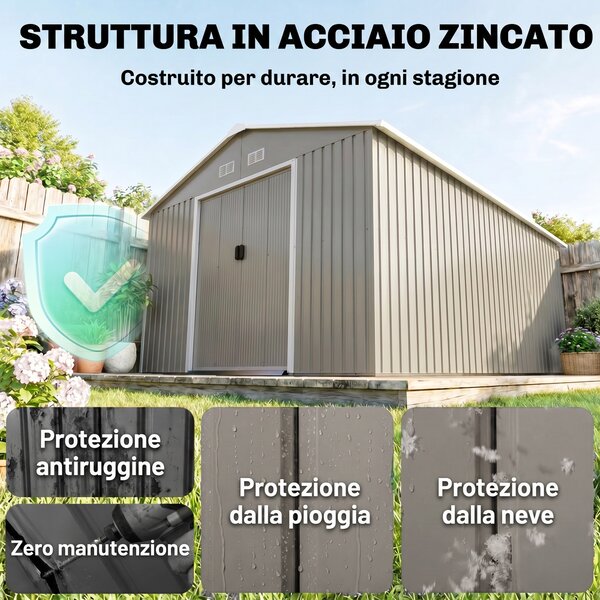 Outsunny Casetta da Giardino con Porte Scorrevoli e Tetto Inclinato, in Acciaio e PP, 340x386x200 cm, Grigio | Aosom Italy