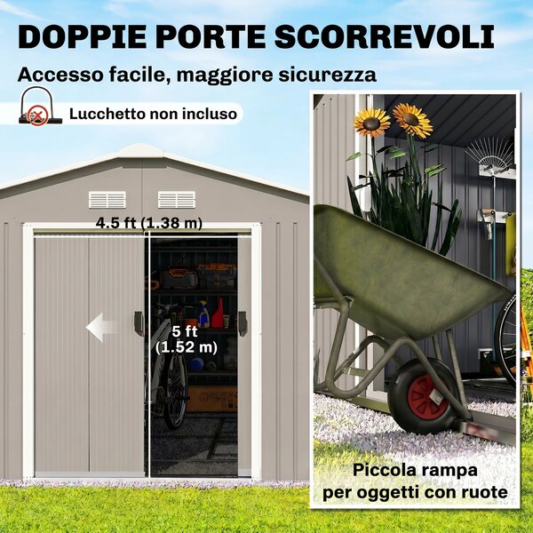 Outsunny Casetta da Giardino con Porte Scorrevoli e Tetto Inclinato, in Acciaio e PP, 340x386x200 cm, Grigio | Aosom Italy