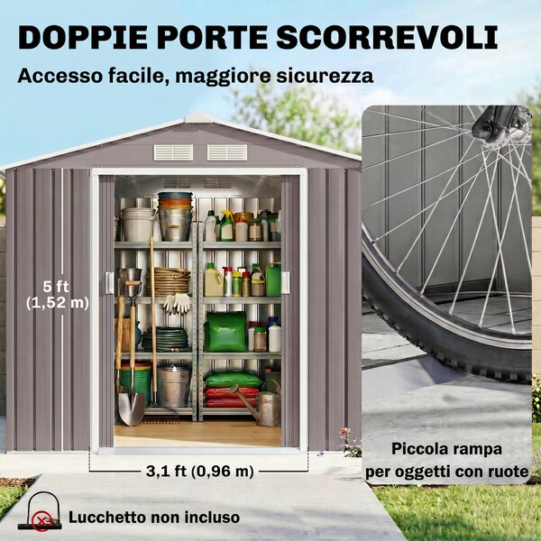 Outsunny Casetta da Giardino con Porte Scorrevoli in Lamiera, Capanno Attrezzi in Acciaio, 213x130x185 cm, Grigio | Aosom Italy