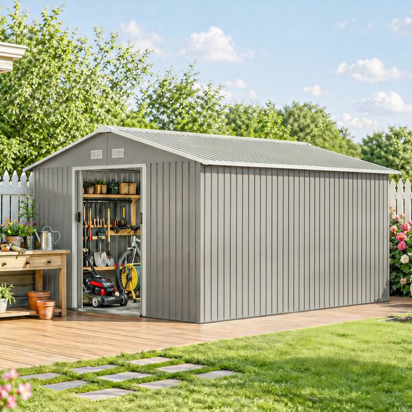 Outsunny Casetta da Giardino con Porte Scorrevoli e Tetto Inclinato, in Acciaio e PP, 340x386x200 cm, Grigio | Aosom Italy
