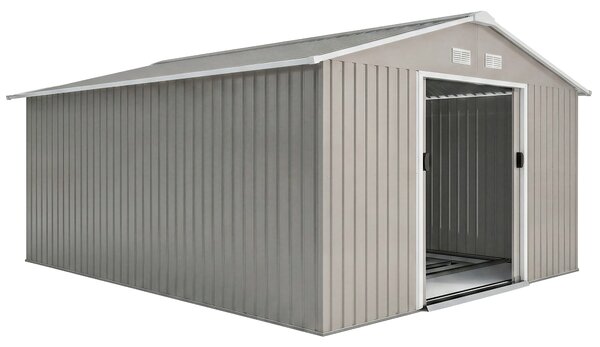 Outsunny Casetta da Giardino con Porte Scorrevoli e Tetto Inclinato, in Acciaio e PP, 340x386x200 cm, Grigio | Aosom Italy