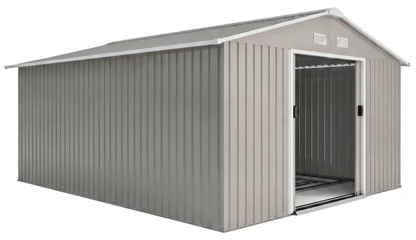 Outsunny Casetta da Giardino con Porte Scorrevoli e Tetto Inclinato, in Acciaio e PP, 340x386x200 cm, Grigio | Aosom Italy