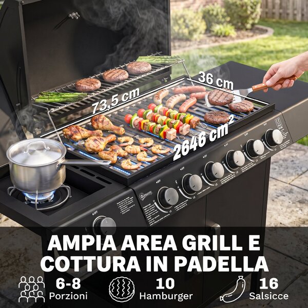 Outsunny Barbecue a Gas con Coperchio, 7 Bruciatori da 20kW, Fornello Laterale e 2 Ruote, 135x50x100 cm, Nero | Aosom Italy