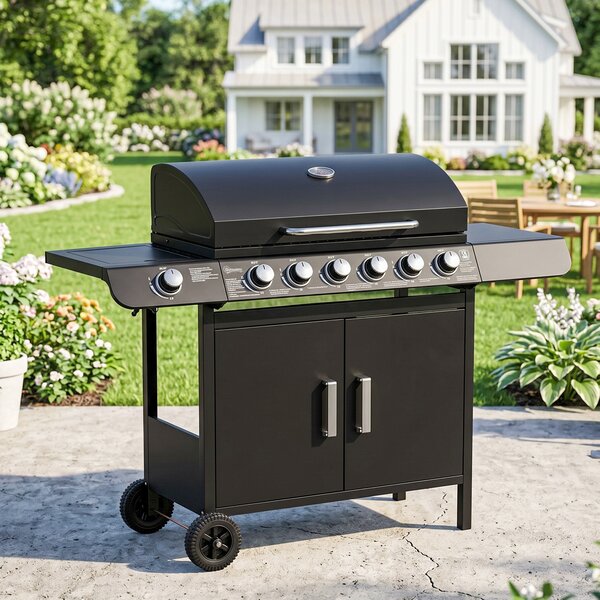 Outsunny Barbecue a Gas con Coperchio, 7 Bruciatori da 20kW, Fornello Laterale e 2 Ruote, 135x50x100 cm, Nero | Aosom Italy