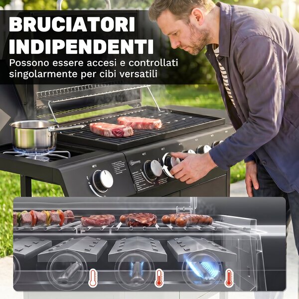 Outsunny Barbecue a Gas con Coperchio, 7 Bruciatori da 20kW, Fornello Laterale e 2 Ruote, 135x50x100 cm, Nero | Aosom Italy