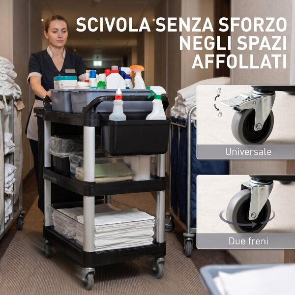 DecHome Carrello Pulizie Professionale a 3 Ripiani con 2 Contenitori Rimovibili Bidone Laterale e 4 Ruote colore Nero