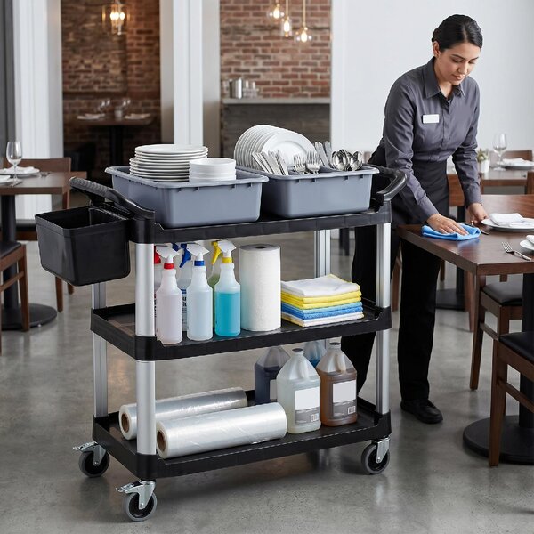 DecHome Carrello Pulizie Professionale a 3 Ripiani con 2 Contenitori Rimovibili Bidone Laterale e 4 Ruote colore Nero