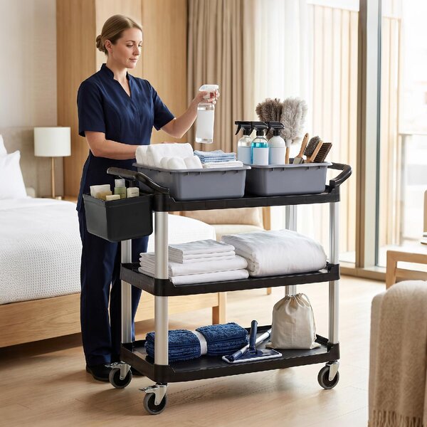 DecHome Carrello Pulizie Professionale a 3 Ripiani con 2 Contenitori Rimovibili Bidone Laterale e 4 Ruote colore Nero