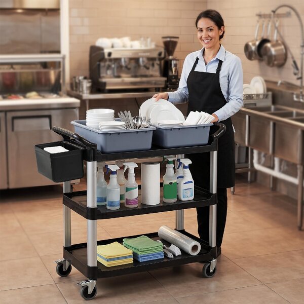 DecHome Carrello Pulizie Professionale a 3 Ripiani con 2 Contenitori Rimovibili Bidone Laterale e 4 Ruote colore Nero