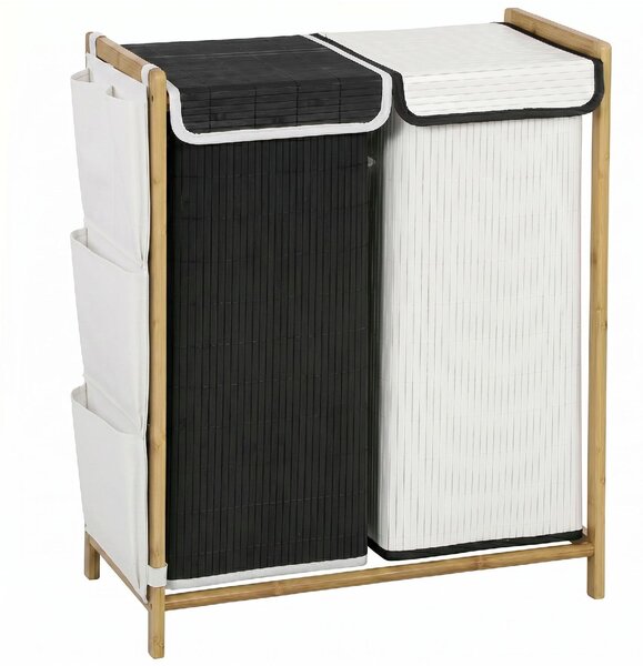 DecHome Cesto Portabiancheria in Bamb con Coperchi 120L 2 Scomparti Tasche Laterali Sacchi Estraibili 63x33x78 cm colore Legno