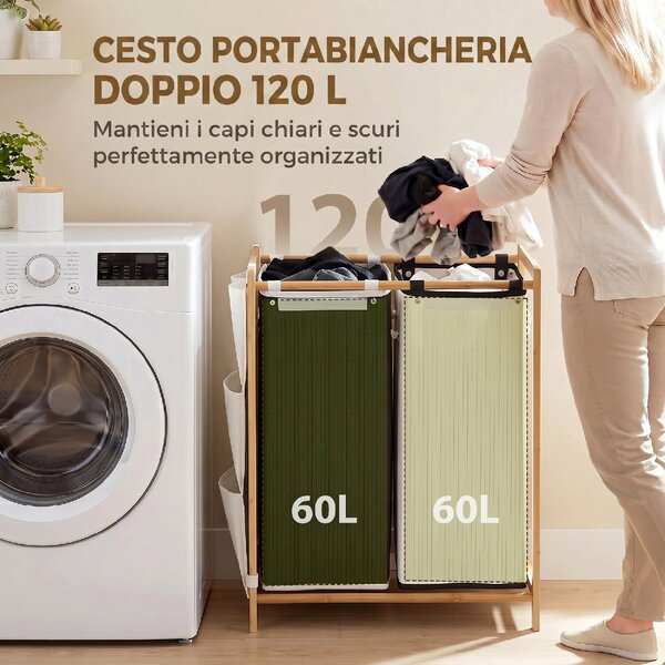 DecHome Cesto Portabiancheria in Bamb con Coperchi 120L 2 Scomparti Tasche Laterali Sacchi Estraibili 63x33x78 cm colore Legno