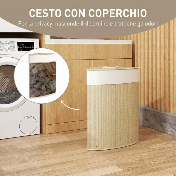 DecHome Cesto Portabiancheria Angolare 55L con Sacco Estraibile e Coperchio Removibile in Bamb 35x35x60 cm colore Legno