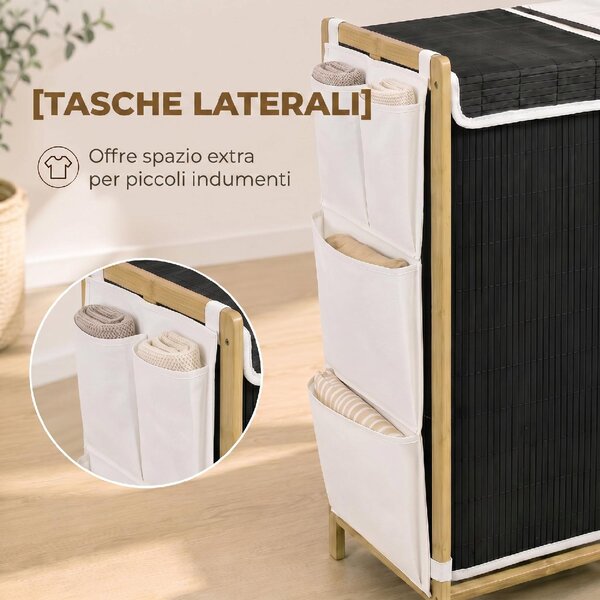 DecHome Cesto Portabiancheria in Bamb con Coperchi 120L 2 Scomparti Tasche Laterali Sacchi Estraibili 63x33x78 cm colore Legno