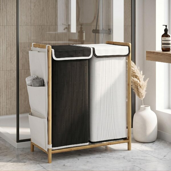 DecHome Cesto Portabiancheria in Bamb con Coperchi 120L 2 Scomparti Tasche Laterali Sacchi Estraibili 63x33x78 cm colore Legno
