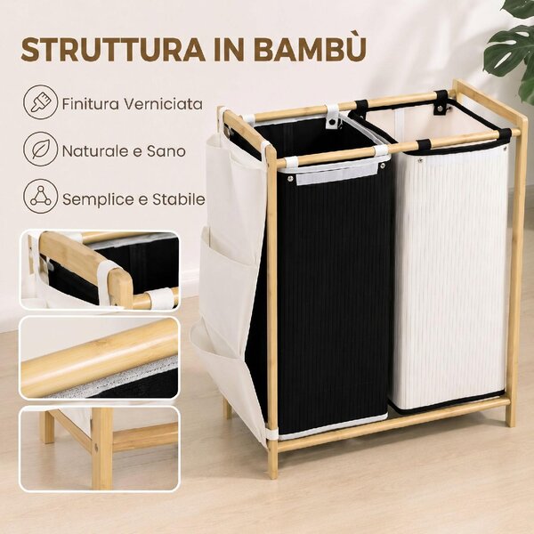 DecHome Cesto Portabiancheria in Bamb con Coperchi 120L 2 Scomparti Tasche Laterali Sacchi Estraibili 63x33x78 cm colore Legno