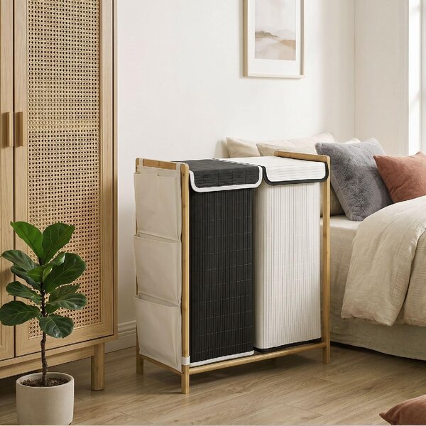 DecHome Cesto Portabiancheria in Bamb con Coperchi 120L 2 Scomparti Tasche Laterali Sacchi Estraibili 63x33x78 cm colore Legno