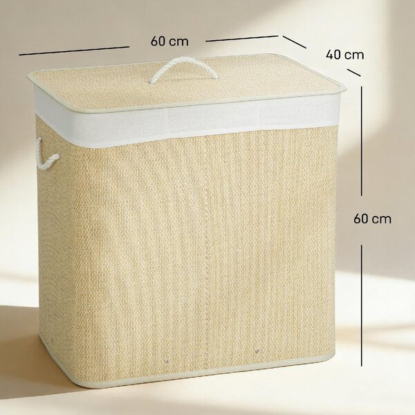 DecHome Cesto Portabiancheria in Bamb con Coperchio 144L 3 Scomparti Sacca Removibile e Lavabile Maniglie 60x40x60 cm colore Crema