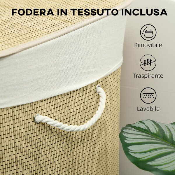 DecHome Cesto Portabiancheria in Bamb con Coperchio 144L 3 Scomparti Sacca Removibile e Lavabile Maniglie 60x40x60 cm colore Crema