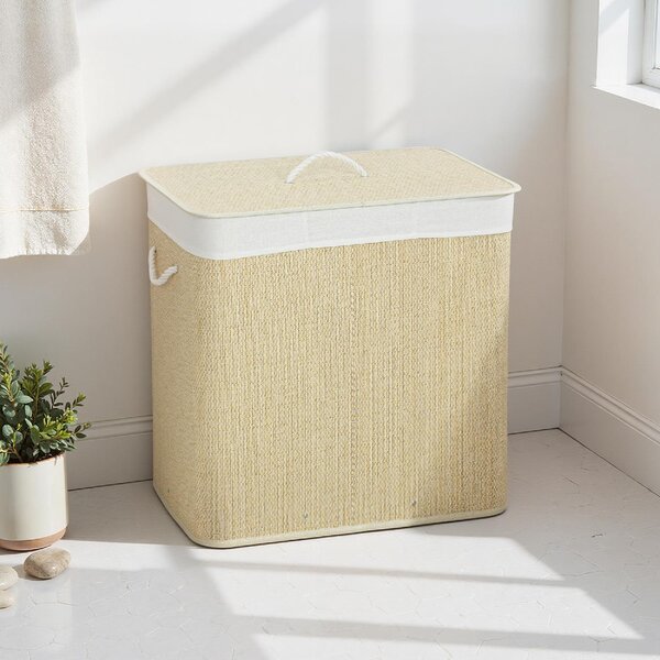 DecHome Cesto Portabiancheria in Bamb con Coperchio 144L 3 Scomparti Sacca Removibile e Lavabile Maniglie 60x40x60 cm colore Crema