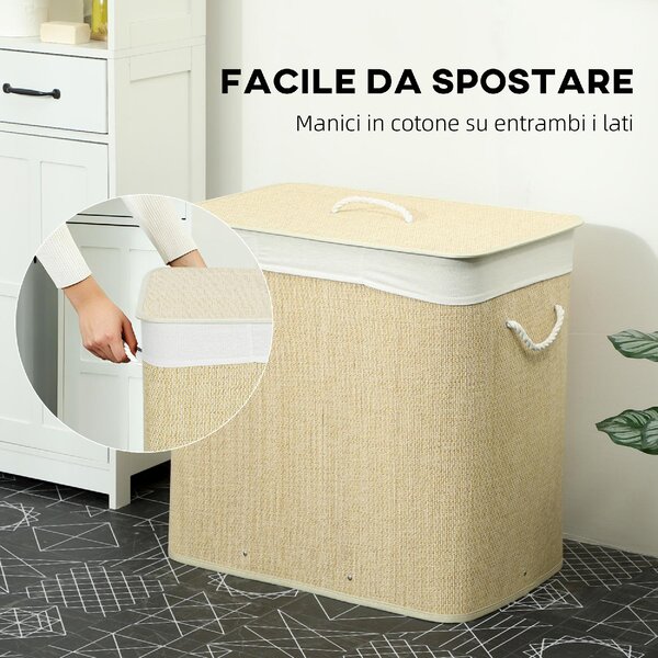 DecHome Cesto Portabiancheria in Bamb con Coperchio 144L 3 Scomparti Sacca Removibile e Lavabile Maniglie 60x40x60 cm colore Crema