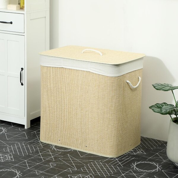 DecHome Cesto Portabiancheria in Bamb con Coperchio 144L 3 Scomparti Sacca Removibile e Lavabile Maniglie 60x40x60 cm colore Crema
