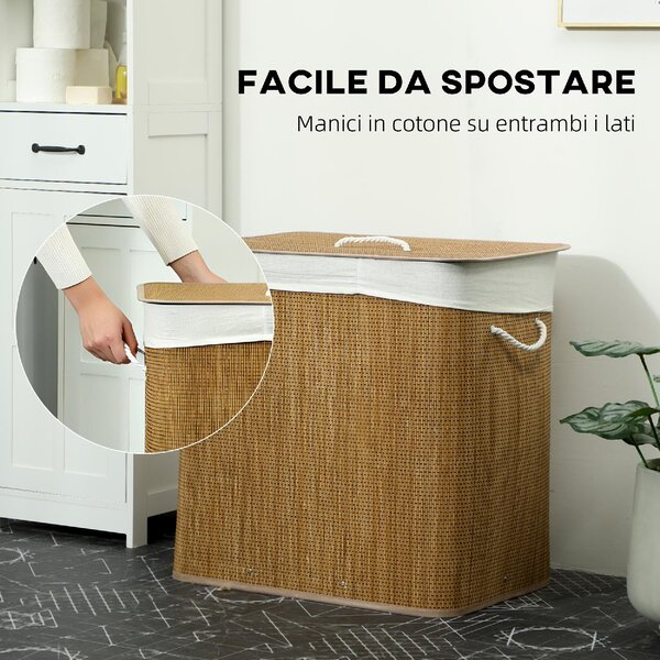 DecHome Cesto Portabiancheria in Bamb con Coperchio 144L 3 Scomparti Sacca Removibile e Lavabile Maniglie 60x40x60 cm colore Marrone