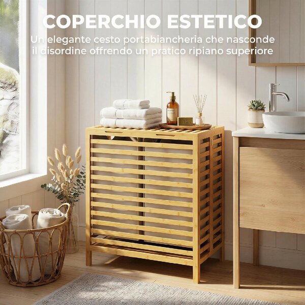 DecHome Cesto Portabiancheria in Bamb con Coperchio 64L 2 Sacche in Tessuto Oxford Rimovibili e Lavabili 55x36x64.2 cm colore Legno