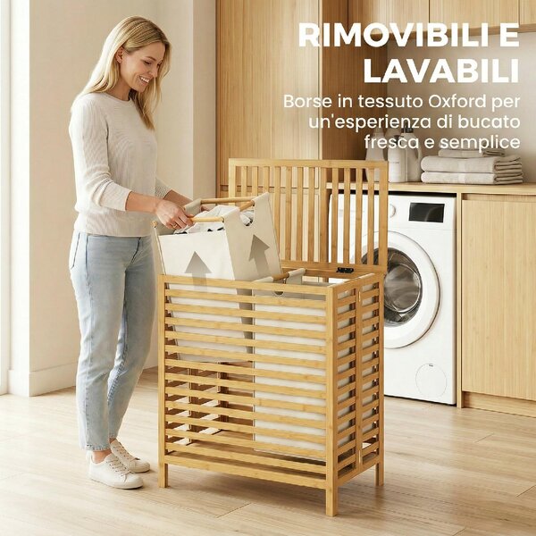 DecHome Cesto Portabiancheria in Bamb con Coperchio 64L 2 Sacche in Tessuto Oxford Rimovibili e Lavabili 55x36x64.2 cm colore Legno