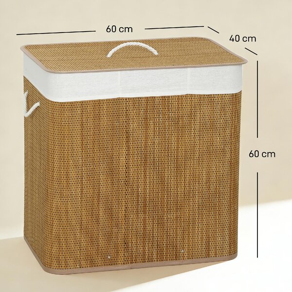 DecHome Cesto Portabiancheria in Bamb con Coperchio 144L 3 Scomparti Sacca Removibile e Lavabile Maniglie 60x40x60 cm colore Marrone