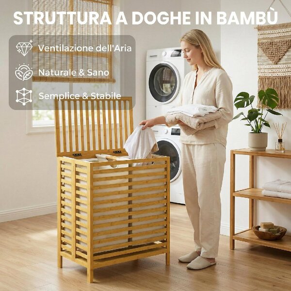 DecHome Cesto Portabiancheria in Bamb con Coperchio 64L 2 Sacche in Tessuto Oxford Rimovibili e Lavabili 55x36x64.2 cm colore Legno