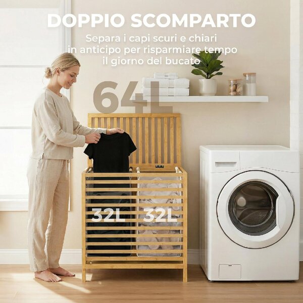 DecHome Cesto Portabiancheria in Bamb con Coperchio 64L 2 Sacche in Tessuto Oxford Rimovibili e Lavabili 55x36x64.2 cm colore Legno