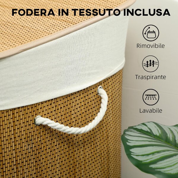 DecHome Cesto Portabiancheria in Bamb con Coperchio 144L 3 Scomparti Sacca Removibile e Lavabile Maniglie 60x40x60 cm colore Marrone