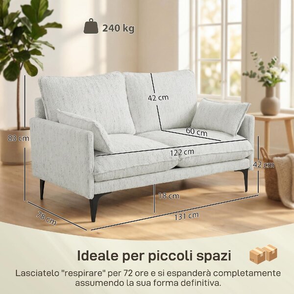 DecHome Divano 2 Posti Moderno in Tessuto effetto Lino Dimensioni 131x78x83 cm colore Bianco