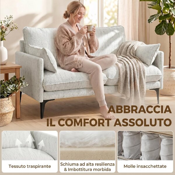 DecHome Divano 2 Posti Moderno in Tessuto effetto Lino Dimensioni 131x78x83 cm colore Bianco