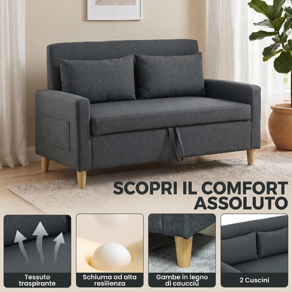 DecHome Divano 2 Posti Scandinavo Vano Contenitore in Tessuto effetto Lino Dimensioni 135x72x84 cm colore Grigio Scuro