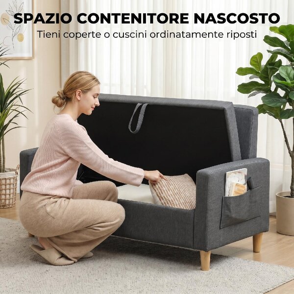 DecHome Divano 2 Posti Scandinavo Vano Contenitore in Tessuto effetto Lino Dimensioni 135x72x84 cm colore Grigio Scuro