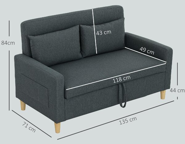 DecHome Divano 2 Posti Scandinavo Vano Contenitore in Tessuto effetto Lino Dimensioni 135x72x84 cm colore Grigio Scuro