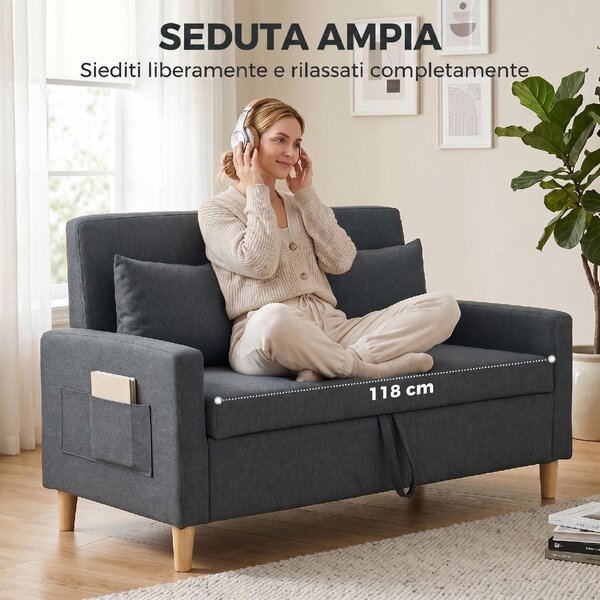 DecHome Divano 2 Posti Scandinavo Vano Contenitore in Tessuto effetto Lino Dimensioni 135x72x84 cm colore Grigio Scuro