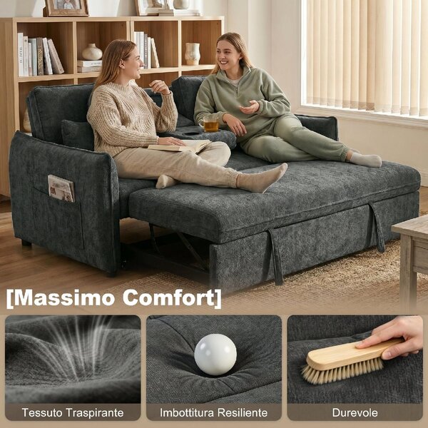 DecHome Divano Letto 2 Posti Moderno in Ciniglia Dimensioni 166x90x84 cm colore Grigio Scuro