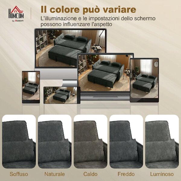 DecHome Divano Letto 2 Posti Moderno in Ciniglia Dimensioni 166x90x84 cm colore Grigio Scuro