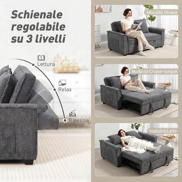 DecHome Divano Letto Clic-Clac 2 Posti Moderno in Ciniglia Dimensioni 168x85x86 cm colore Grigio Scuro