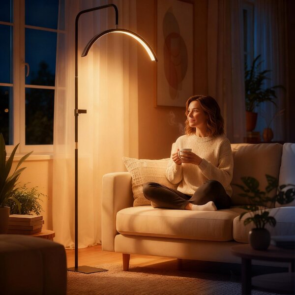 DecHome Lampada da Terra LED con Testa a Mezza Luna Altezza e Temperatura colori Regolabili Telecomando colore Nero