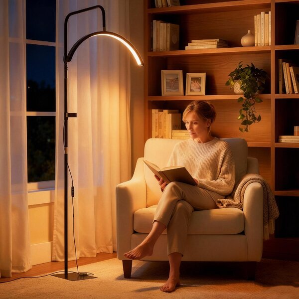 DecHome Lampada da Terra LED con Testa a Mezza Luna Altezza e Temperatura colori Regolabili Telecomando colore Nero
