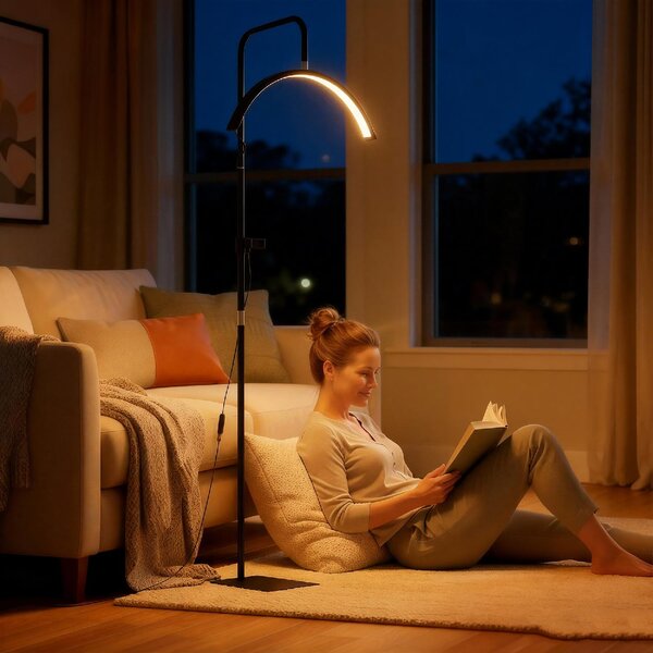 DecHome Lampada da Terra LED con Testa a Mezza Luna Altezza e Temperatura colori Regolabili Telecomando colore Nero