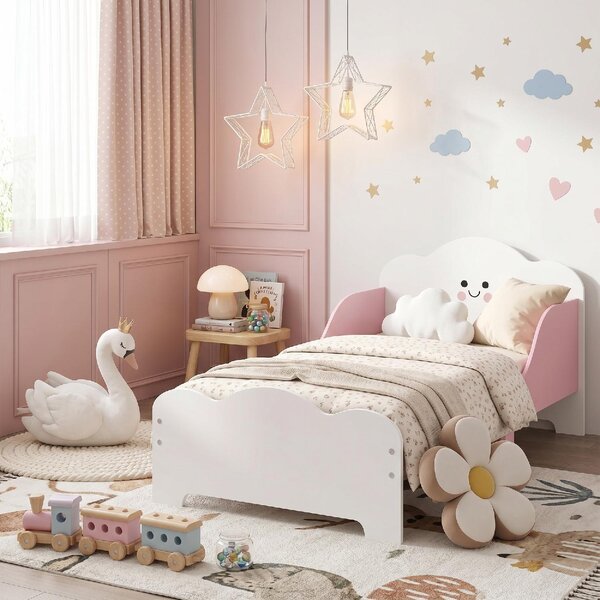 DecHome Letto Montessori per Bambini 3-6 Anni in Legno con Bordi Rialzati e Stampe per Cameretta colore Rosa